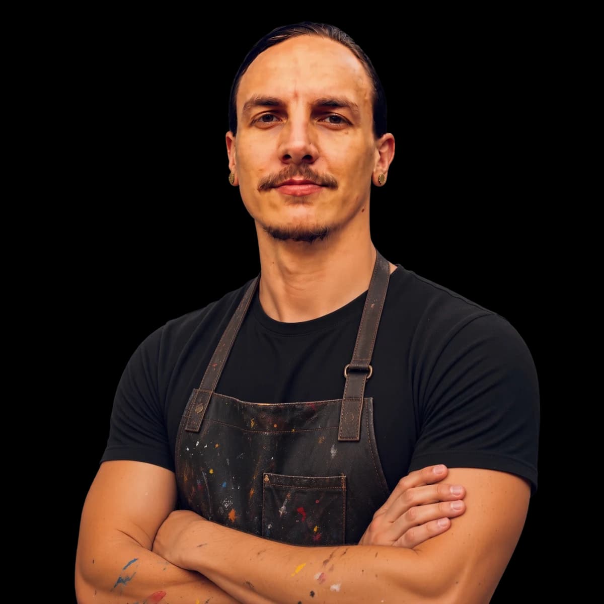 Aaron Makaruk in a paint-spattered shop apron, arms crossed