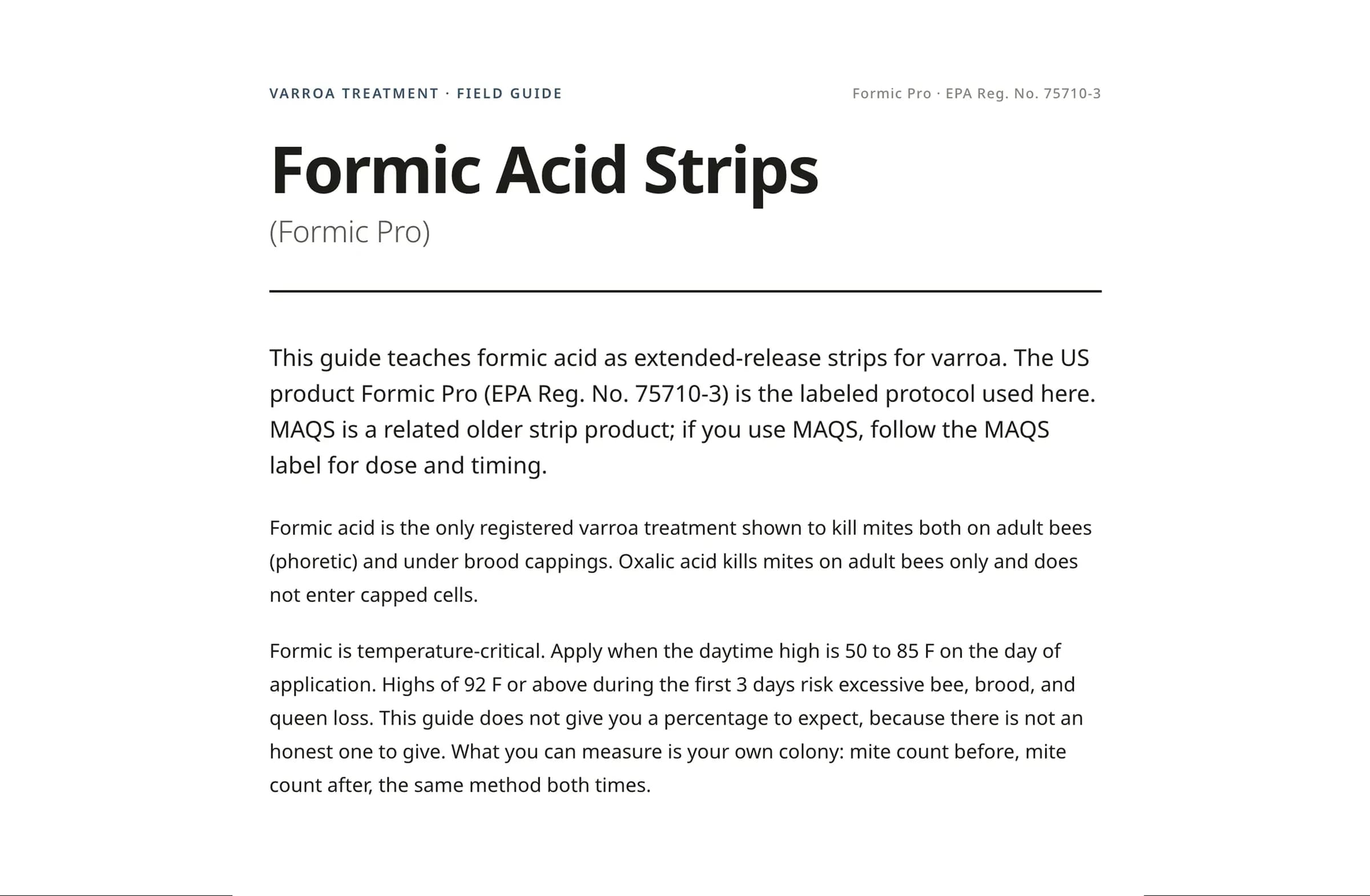 Formic Acid Strips (Formic Pro) field guide: EPA registration, temperature window, and why formic reaches mites under brood cappings
