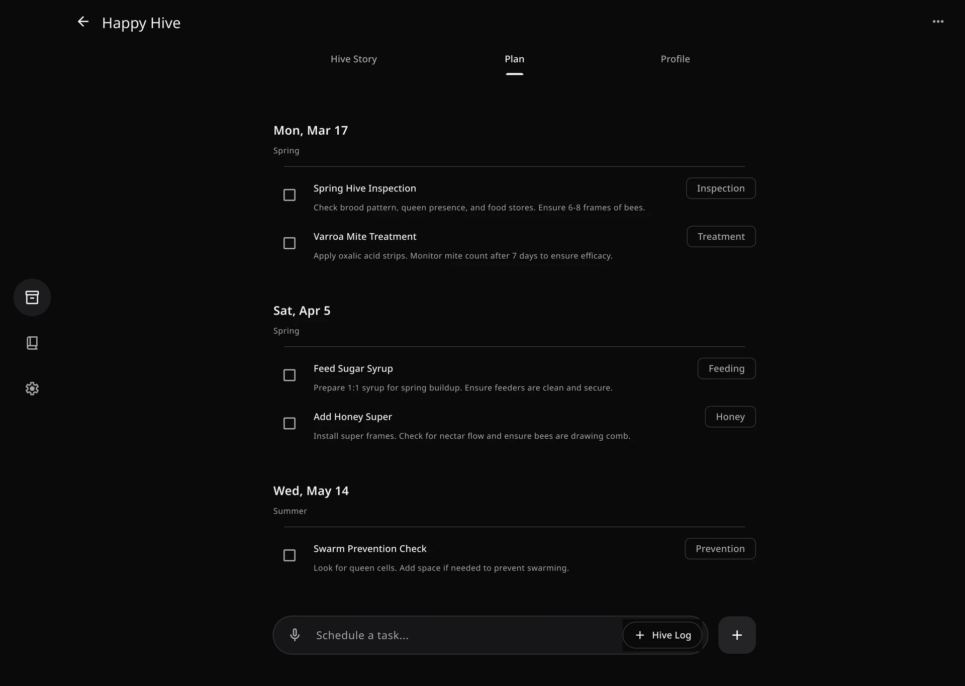 Hive Story Plan tab: inspections, treatments, and feeding on a seasonal calendar for Happy Hive