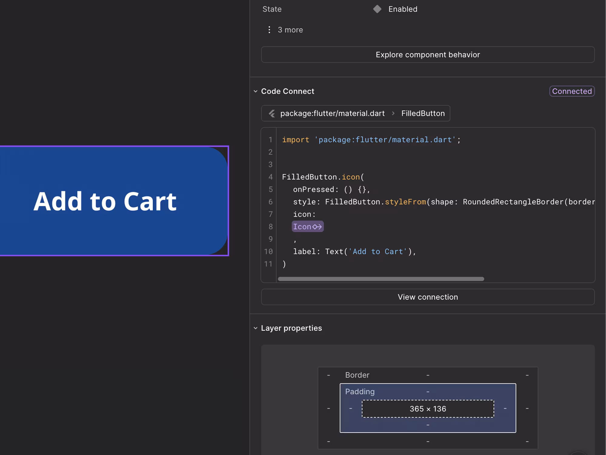 A button selected in Figma, with the inspect panel showing Code Connect marked Connected and the real component code that builds it