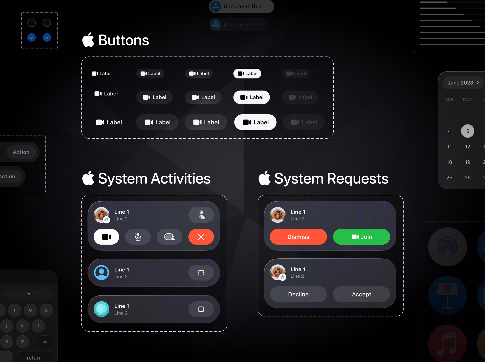 A dark design system board: a grid of button variants in plain, tinted, filled, prominent, and disabled states, with System Activities and System Requests cards carrying call controls and Dismiss, Join, Decline, and Accept actions, and checkboxes, menus, a calendar, a keyboard, and app icons crowding in from the edges