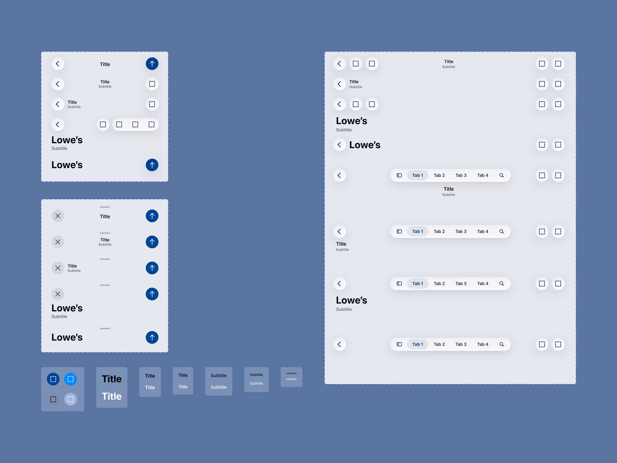 Lowe's mobile design system on a slate ground: phone and tablet navigation bars in every variant (back button, title, subtitle, tabs and action buttons) over the typography and icon-color sub-components they are built from