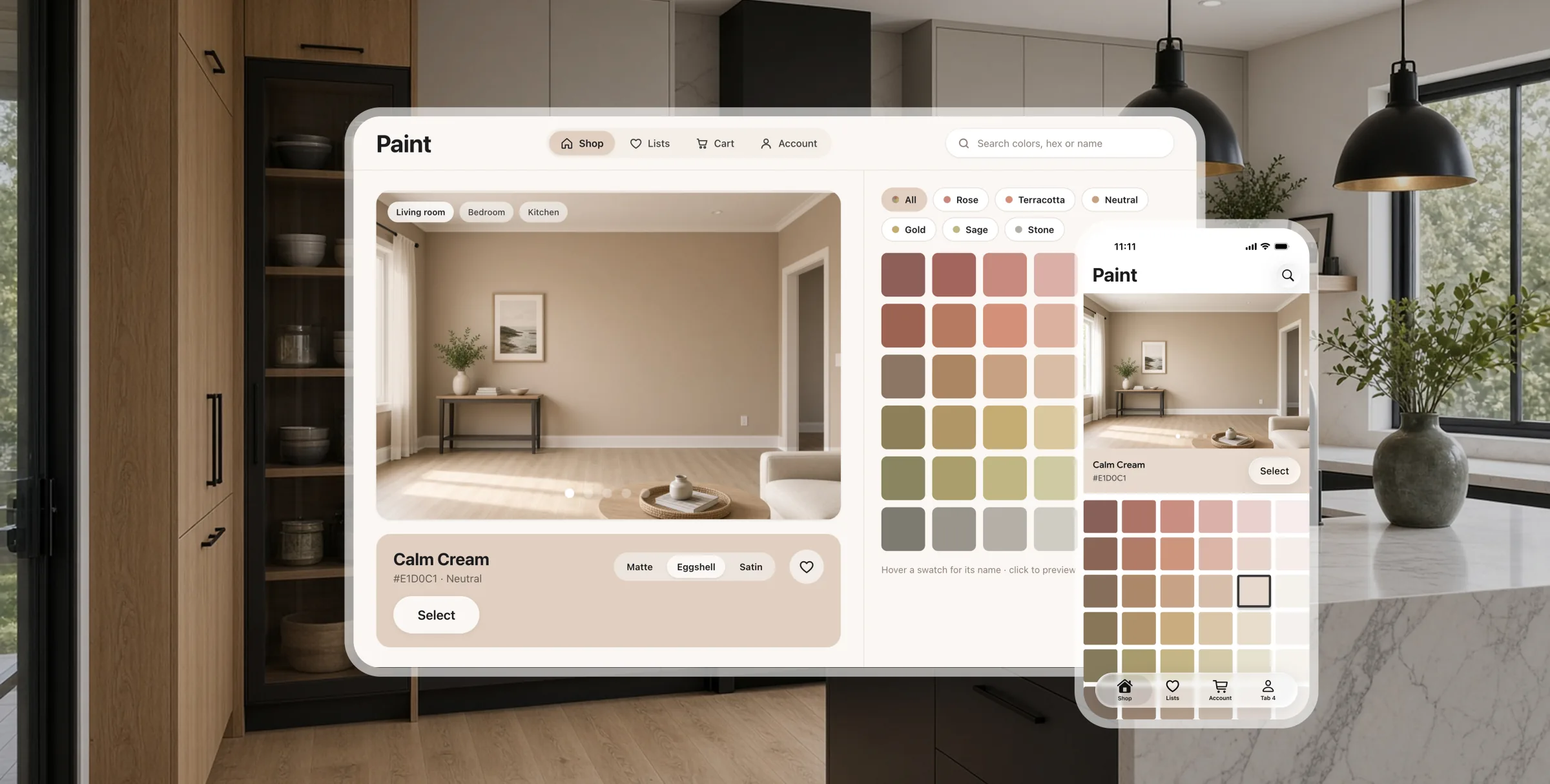 Desktop and phone of the Paint Configurator over a kitchen: living-room preview with Calm Cream on the walls, a searchable color grid, and finish options