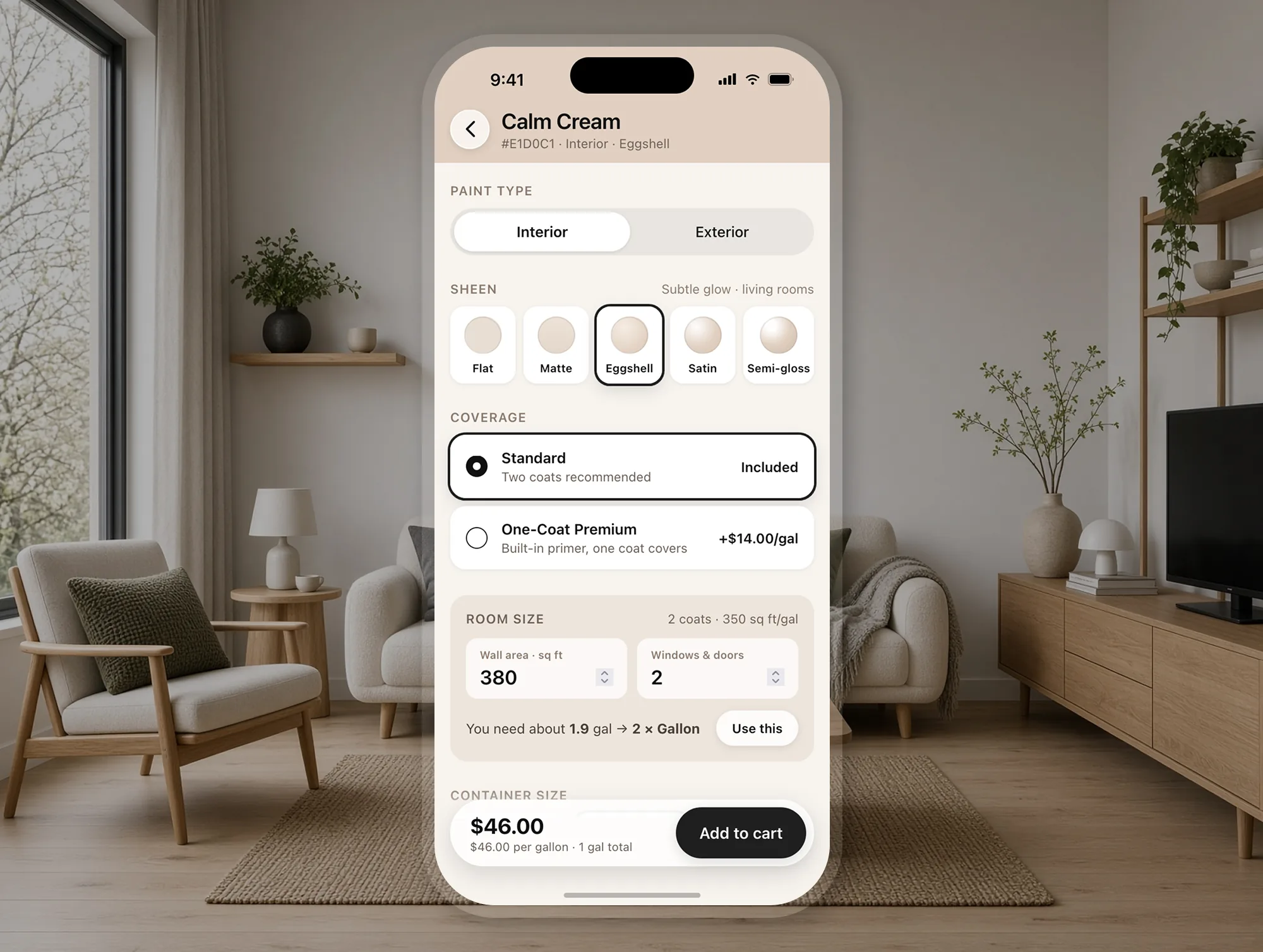Phone over a living room: Calm Cream in eggshell, interior paint, room size, and add to cart