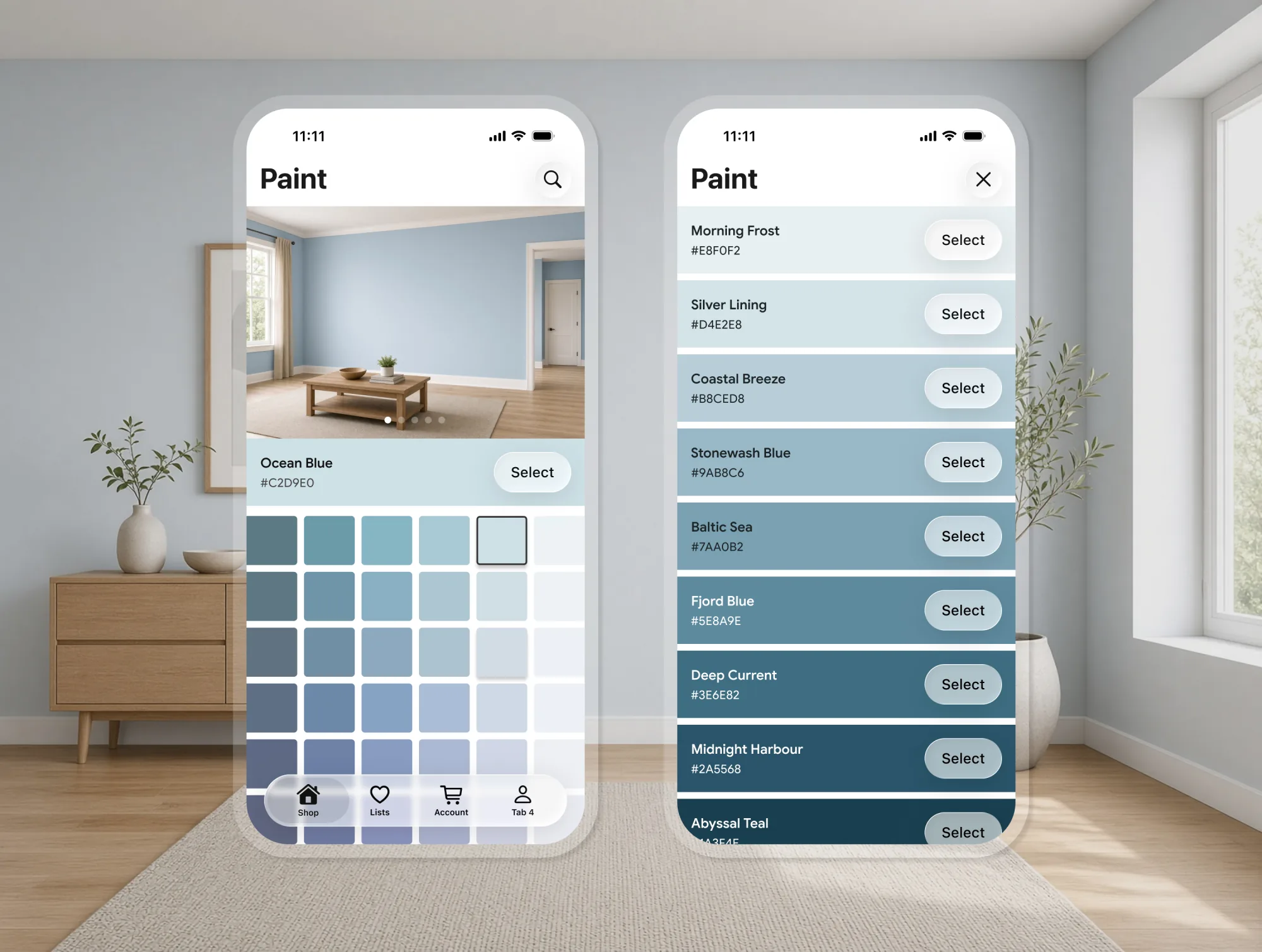 Two phones over a blue room: a color grid to browse, and a named list to search, both showing Ocean Blue on the walls