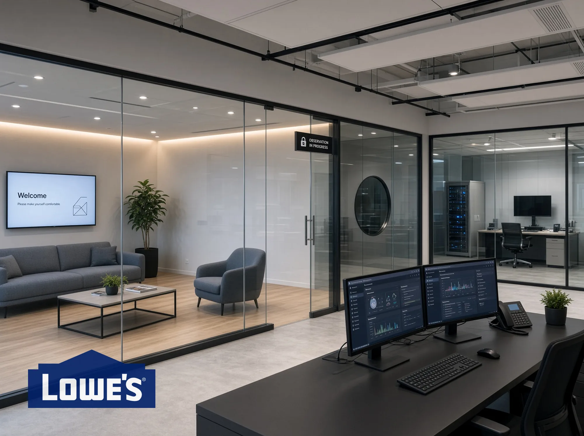 Lowe's observation lab: a glass interview room beside a desk of monitors, with Observation in Progress on the door