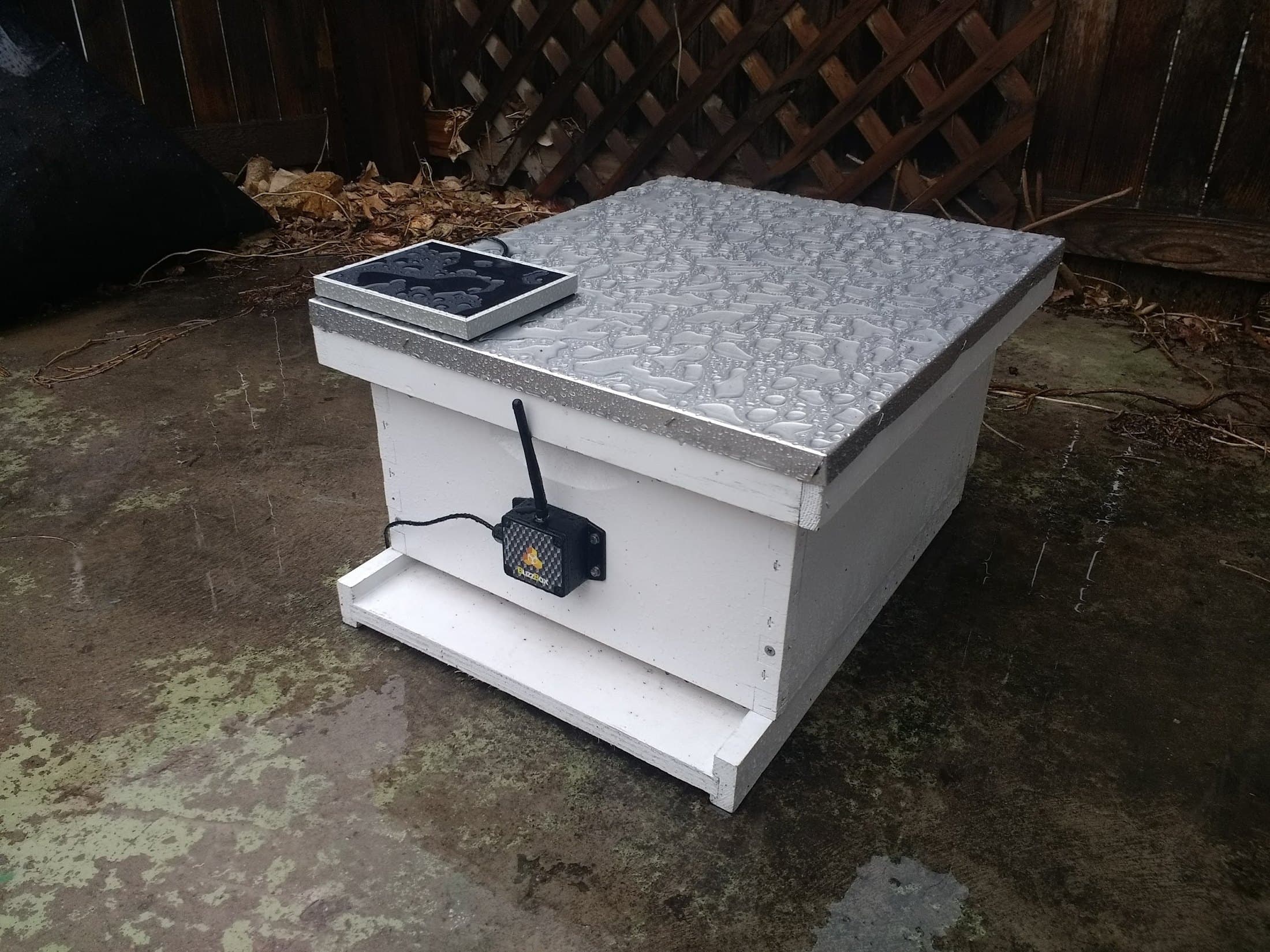 The original BuzzBox bolted to the outside of a hive with an antenna, a separate solar panel on the lid and a cable running between them