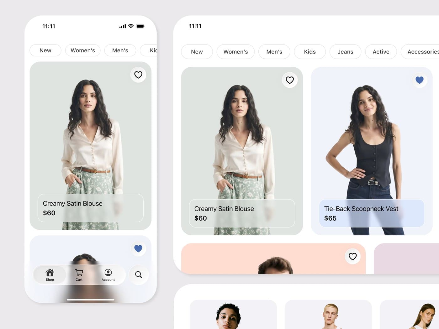 A clothing shopping app: product grid with a model photograph, price and save control on each card
