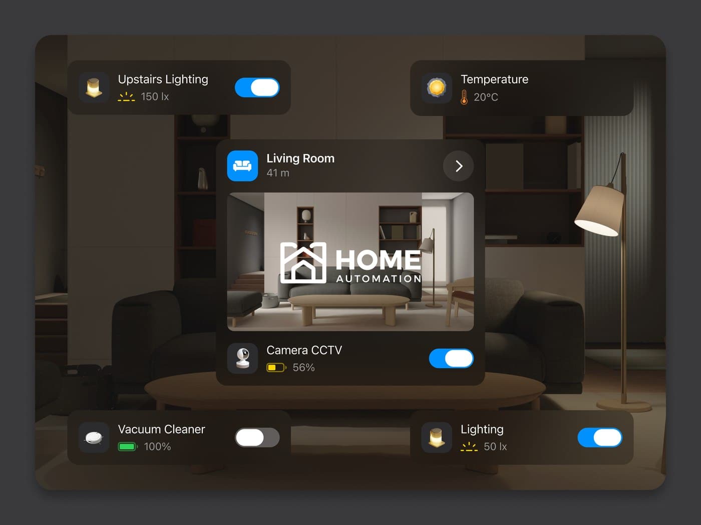 A home automation panel over a dark living-room scene, with toggles for lighting, temperature, camera and vacuum