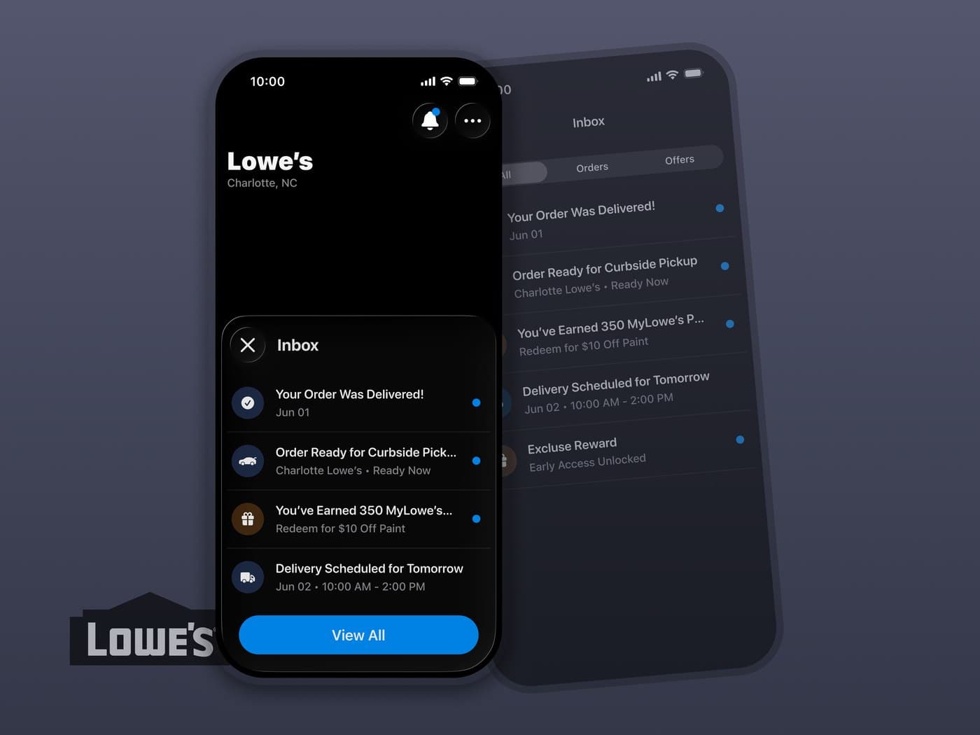 A dark-theme Lowe's inbox: order and delivery notifications in a slide-over panel