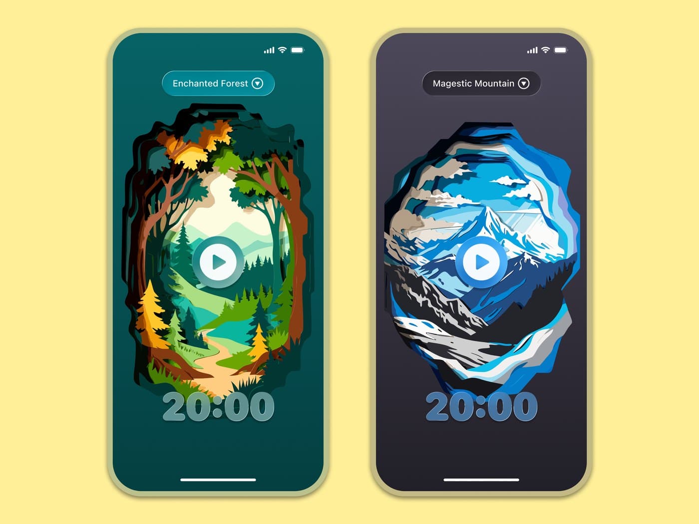 Two meditation timer screens with layered paper-cut forest and mountain illustrations around a countdown