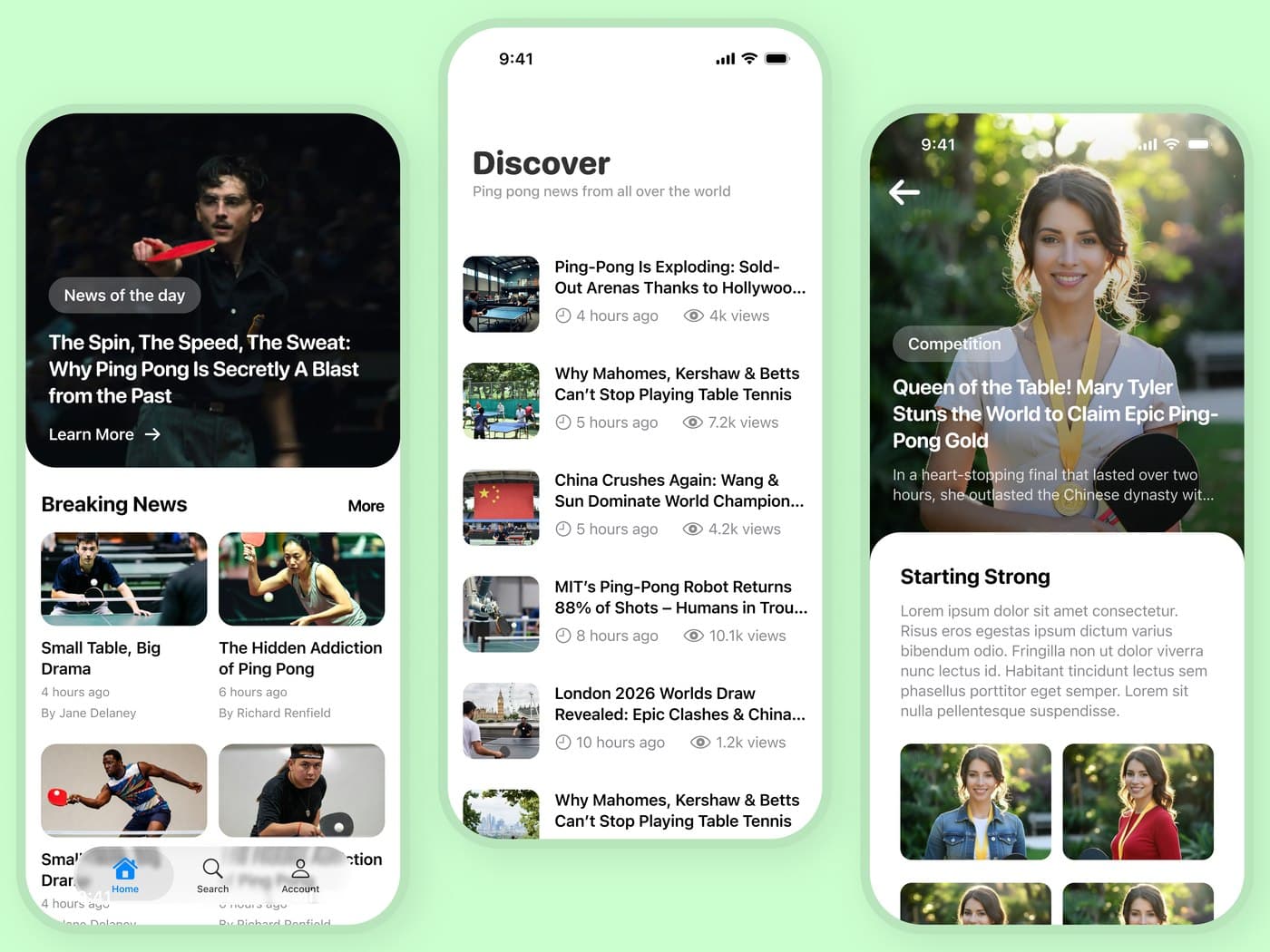 A table tennis news app: story feed, discover grid and a full-bleed article screen
