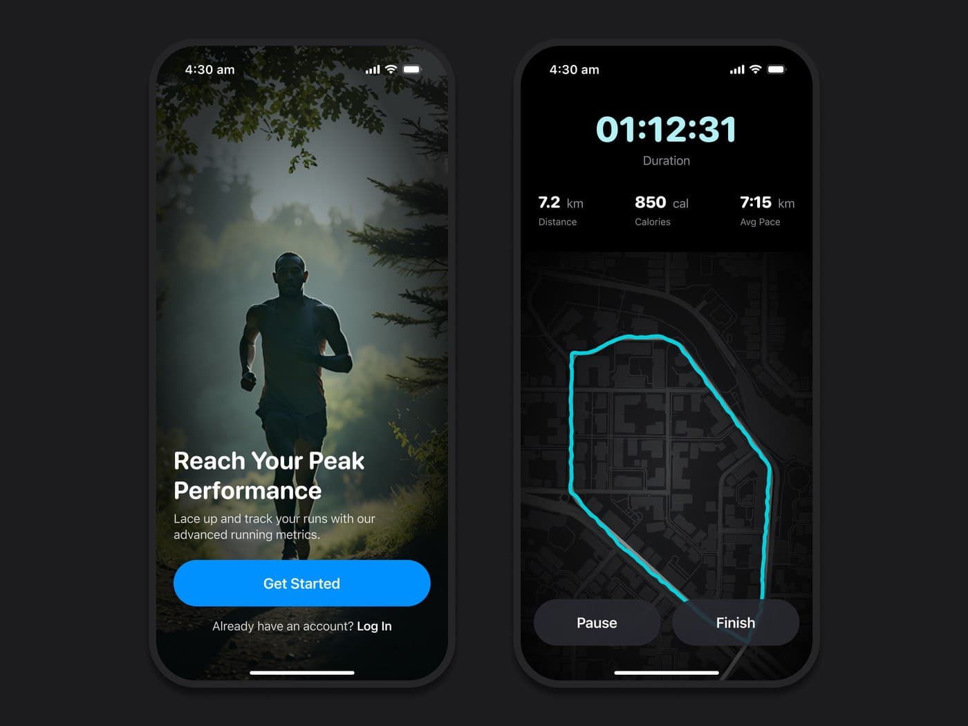 A running app: an onboarding screen over a runner at dawn, and a live run screen with route and split metrics